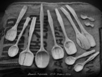 Spoons made of spalted beech B/W various sizes and designs Whittling Greenwood working hand made Treen Peter Maton Brighton 2014 whittleandstitch.net