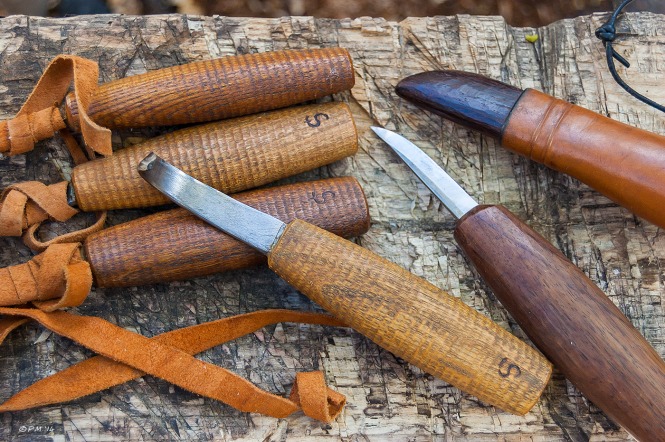 Spoon knives by Svante Djarv of Sweden & straight whittling knife  with blade by Dorset Woodland Blades and handle & sheathe by P.Maton 2014 Whittle and stitch.net